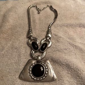 Silver Toned Statement Necklace w/Black Stones